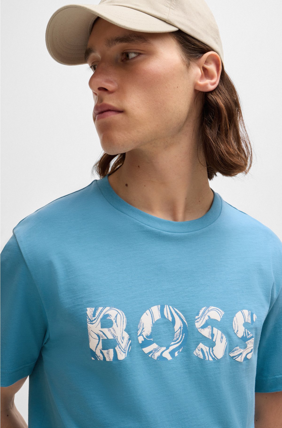 Cotton-jersey T-shirt with logo print, Light Blue