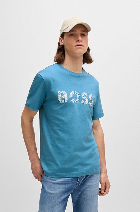 Cotton-jersey T-shirt with logo print, Light Blue