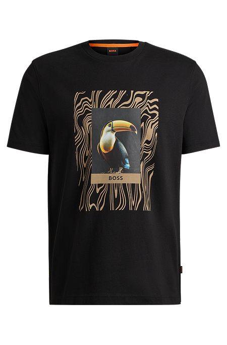 Regular-fit T-shirt van katoenen jersey met nieuw artwork, Zwart