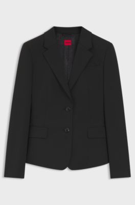 Veste droite en tissu stretch &agrave; revers crant&eacute;s, Noir