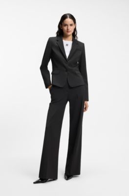 Veste droite en tissu stretch &agrave; revers crant&eacute;s, Noir