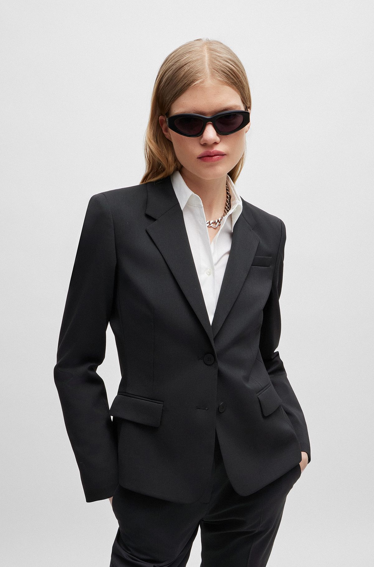 Single-breasted jacket in stretch fabric with notch lapels, Black