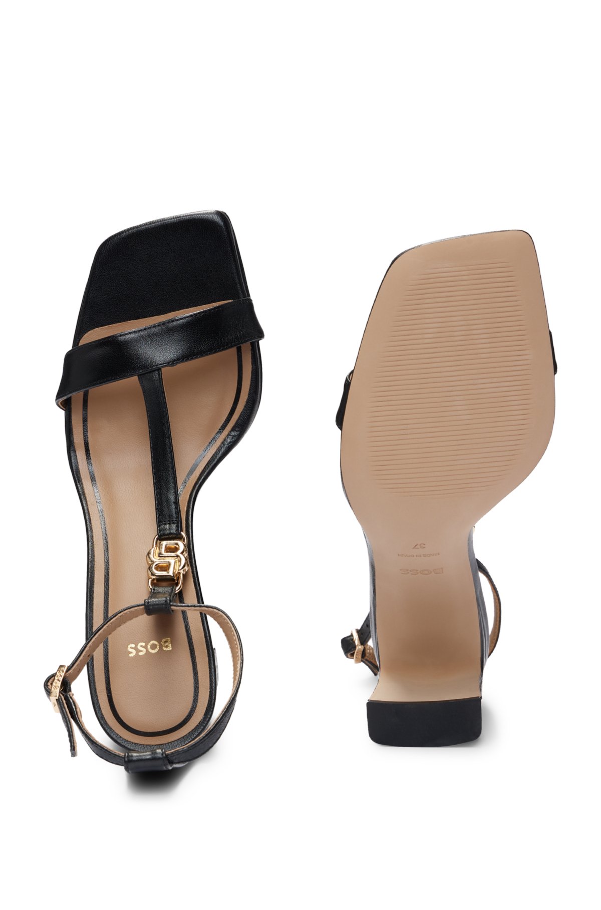 T-bar leather sandals with double monogram, Black