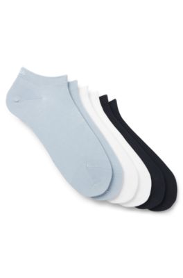 Six-pack of cotton-blend ankle socks with logos, Black / White / Blue