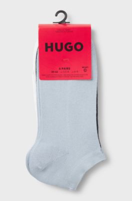 Six-pack of cotton-blend ankle socks with logos, Black / White / Blue