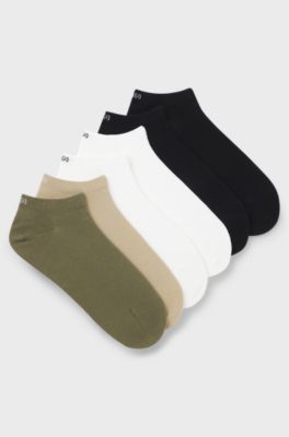 Six-pack of cotton-blend ankle socks with logos, Beige / Green / Black