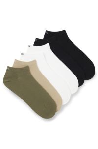 Six-pack of cotton-blend ankle socks with logos, Beige / Green / Black