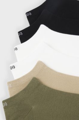 Six-pack of cotton-blend ankle socks with logos, Beige / Green / Black