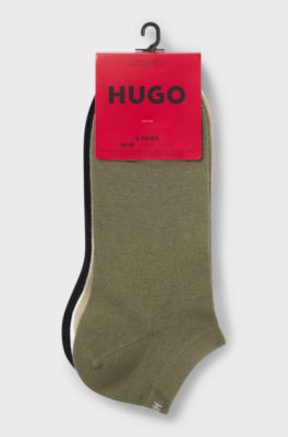 Six-pack of cotton-blend ankle socks with logos, Beige / Green / Black