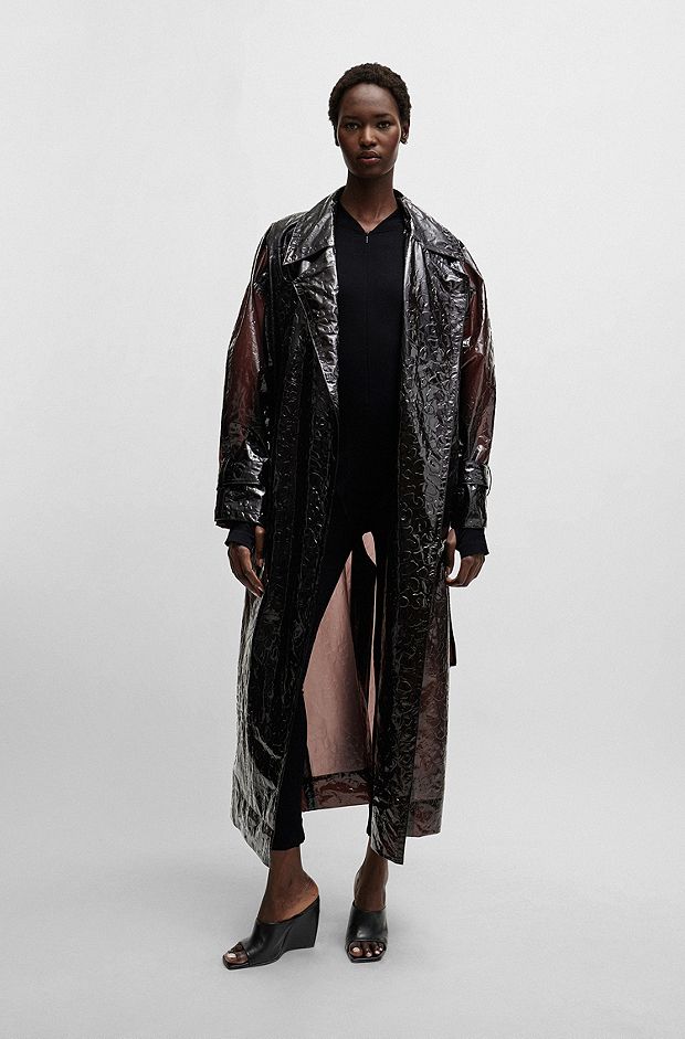 Naomi x BOSS oversized raincoat with leopard-pattern embossing, Dark Brown