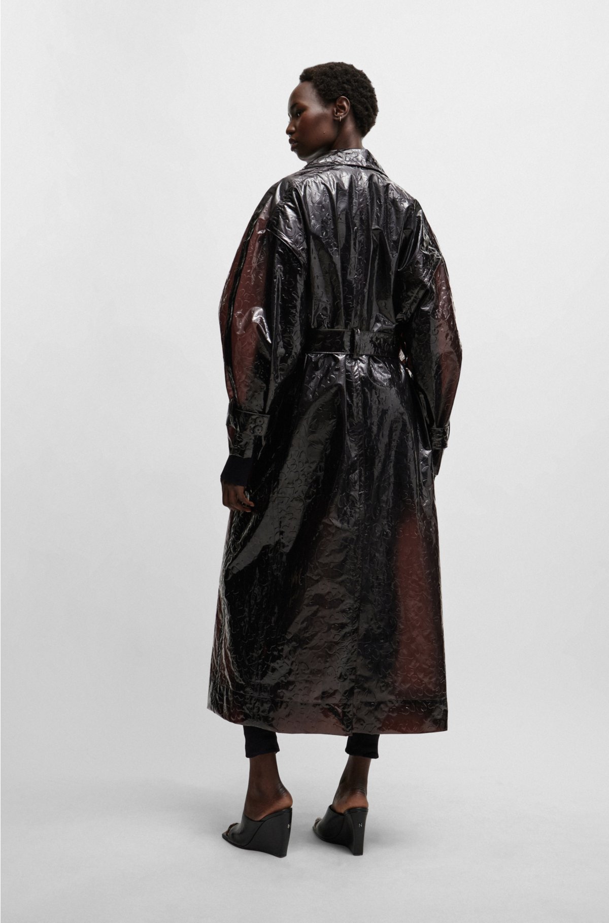 Naomi x BOSS oversized raincoat with leopard-pattern embossing, Dark Brown
