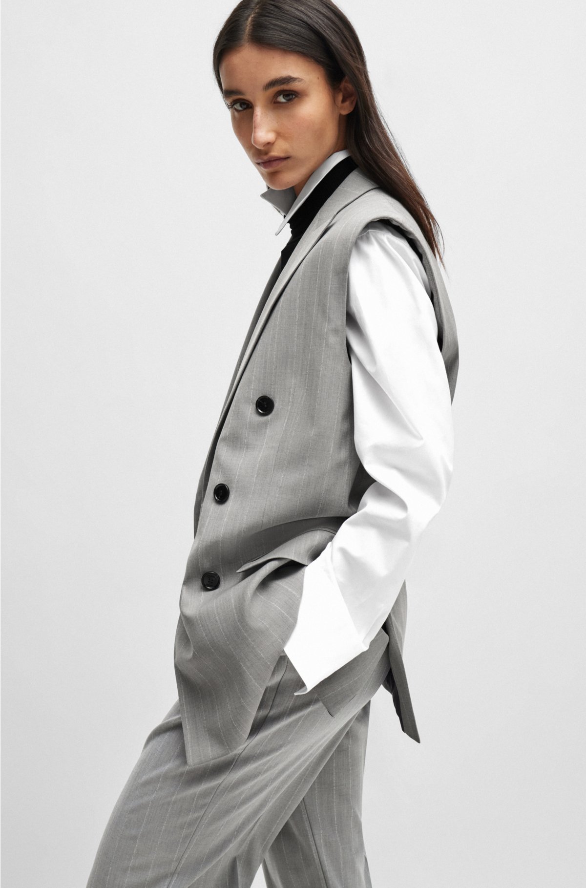 NAOMI x BOSS oversized sleeveless jacket in pinstripe virgin wool, Light Grey