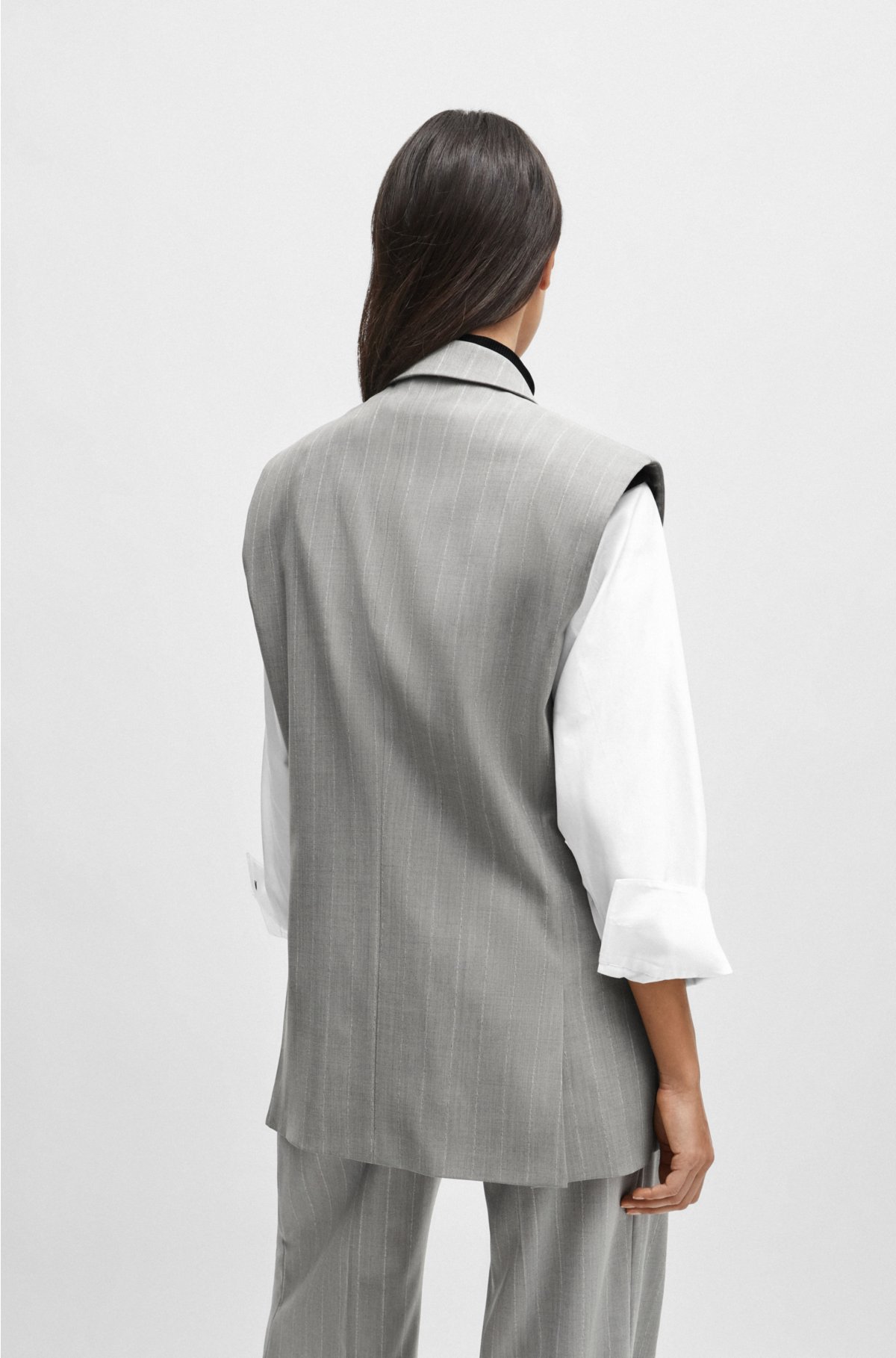 NAOMI x BOSS oversized sleeveless jacket in pinstripe virgin wool, Light Grey