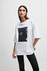 NAOMI x BOSS T-shirt van interlocked katoen met oversized schouders, Wit