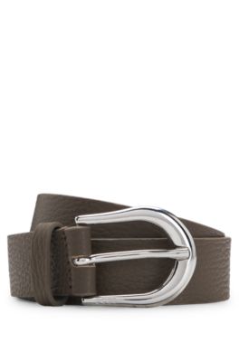 Italian-leather belt with polished silver hardware , Khaki
