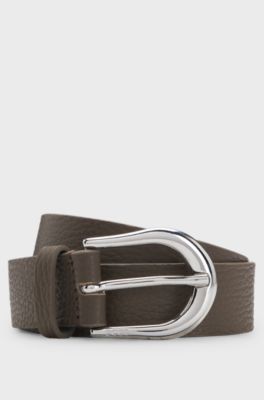Italian-leather belt with polished silver hardware , Khaki