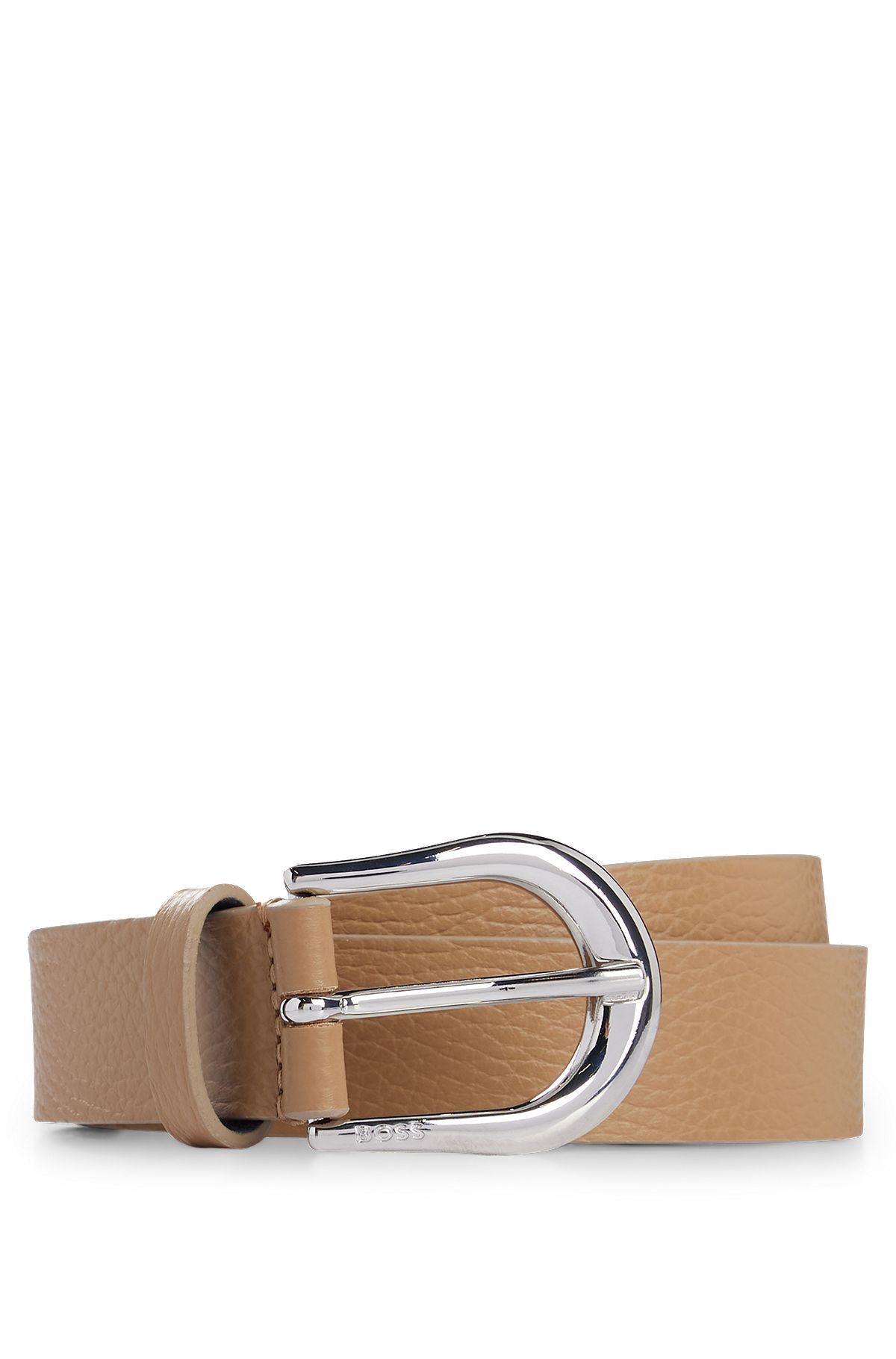 Italian-leather belt with polished silver hardware , Beige