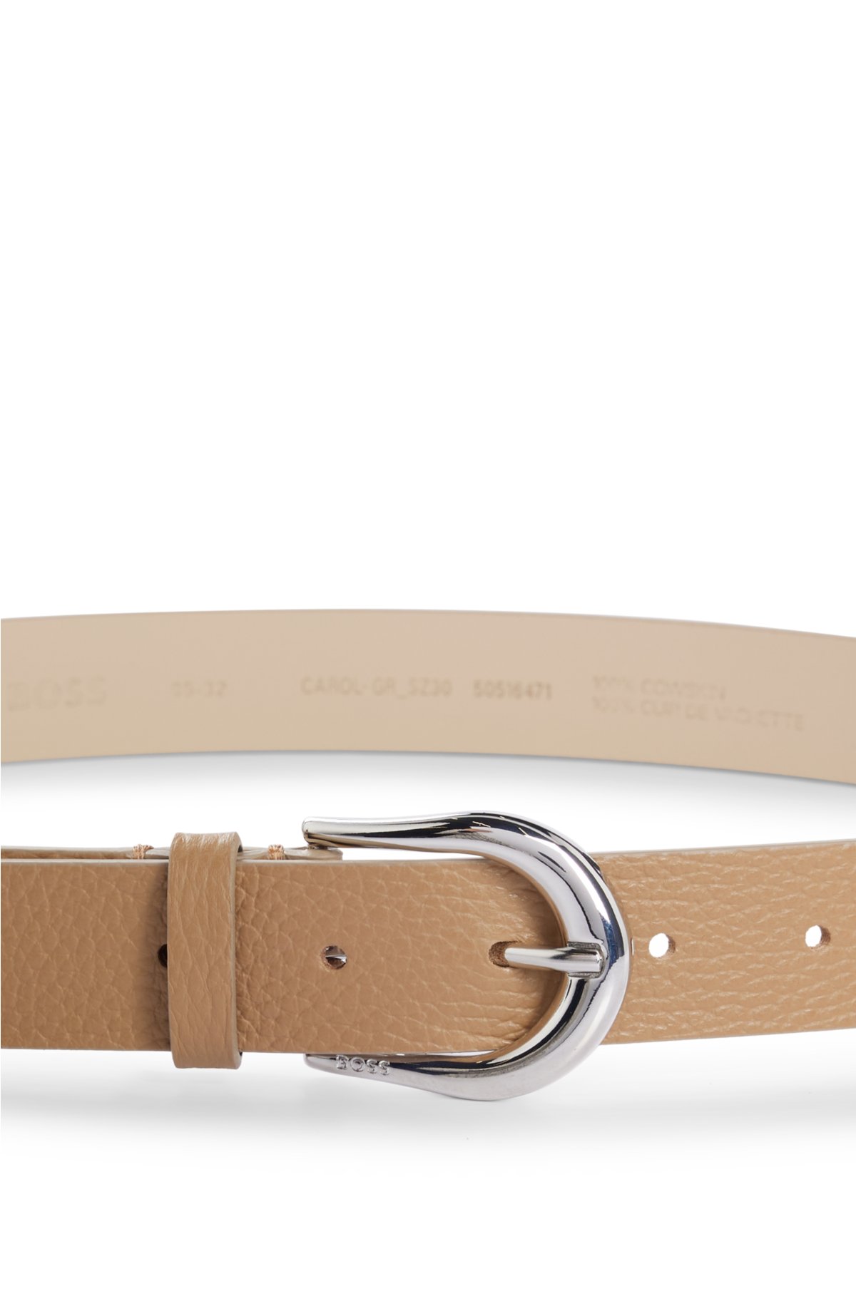 Italian-leather belt with polished silver hardware , Beige