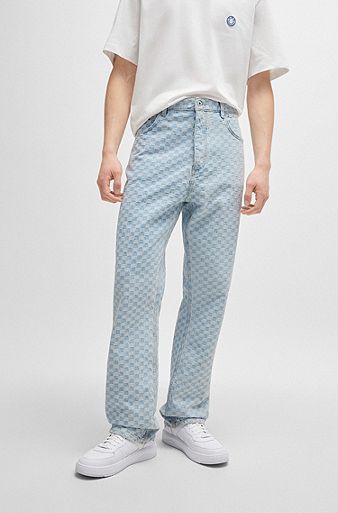 Baggy-fit jeans in checkerboard denim, Light Blue