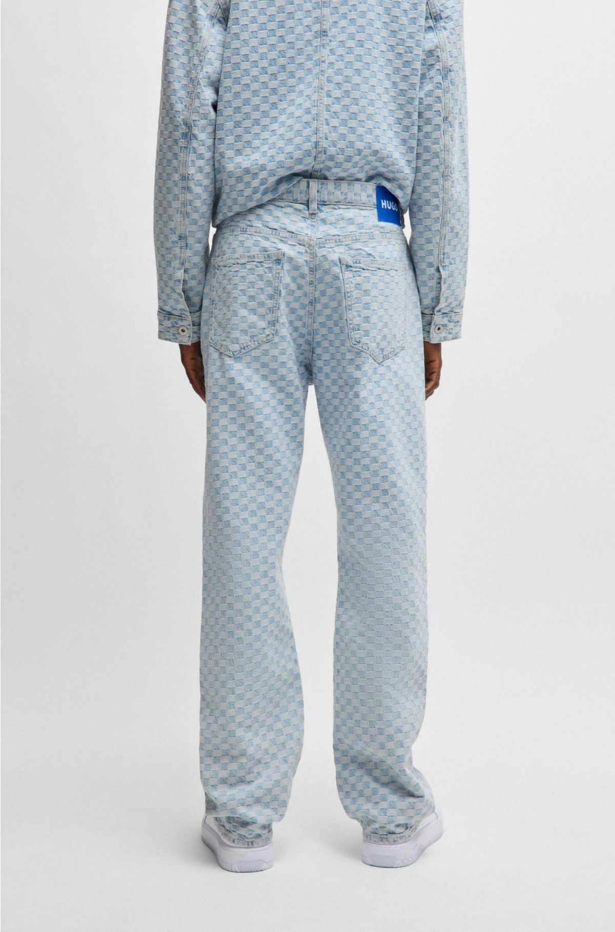 Baggy-fit jeans in checkerboard denim, Light Blue