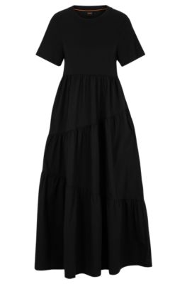 BOSS - Cotton-jersey dress with asymmetric-tiered skirt