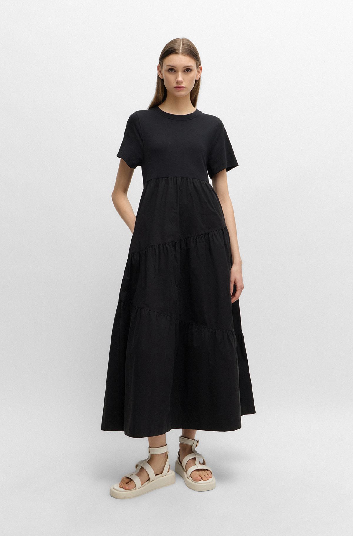 Cotton-jersey dress with asymmetric-tiered skirt, Black