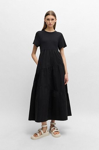 Cotton-jersey dress with asymmetric-tiered skirt, Black