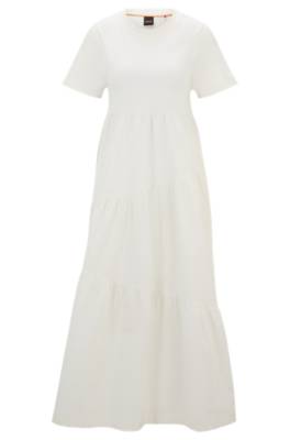 Hugo Boss Cotton-jersey Dress With Asymmetric-tiered Skirt In White