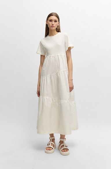 Cotton-jersey dress with asymmetric-tiered skirt, White