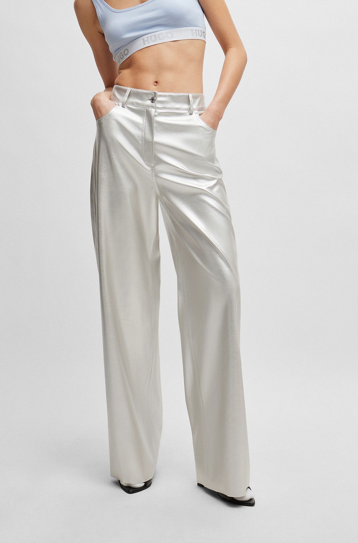 Pantaloni relaxed fit in similpelle metallizzata, Argento