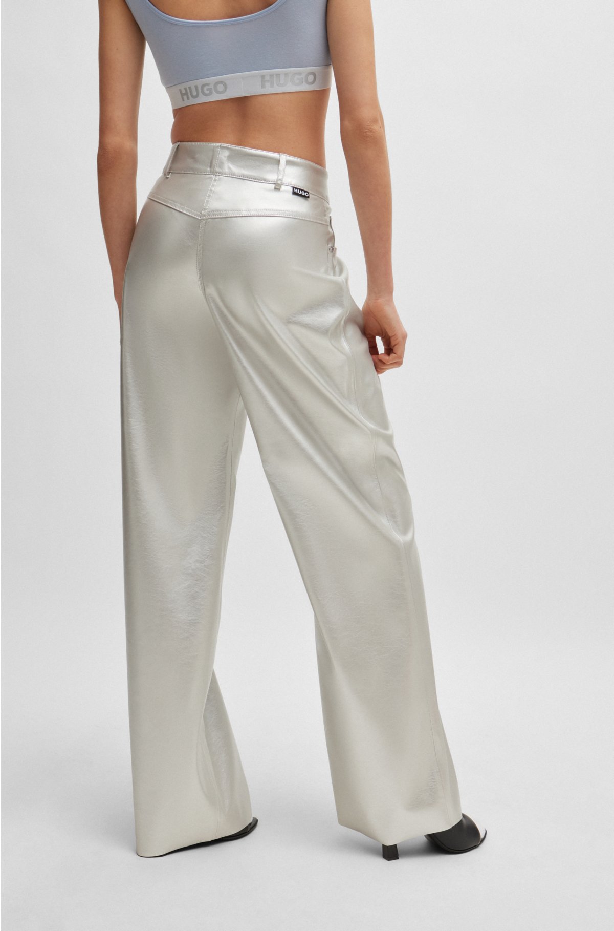 Relaxed-fit trousers in metallic faux leather, Silver