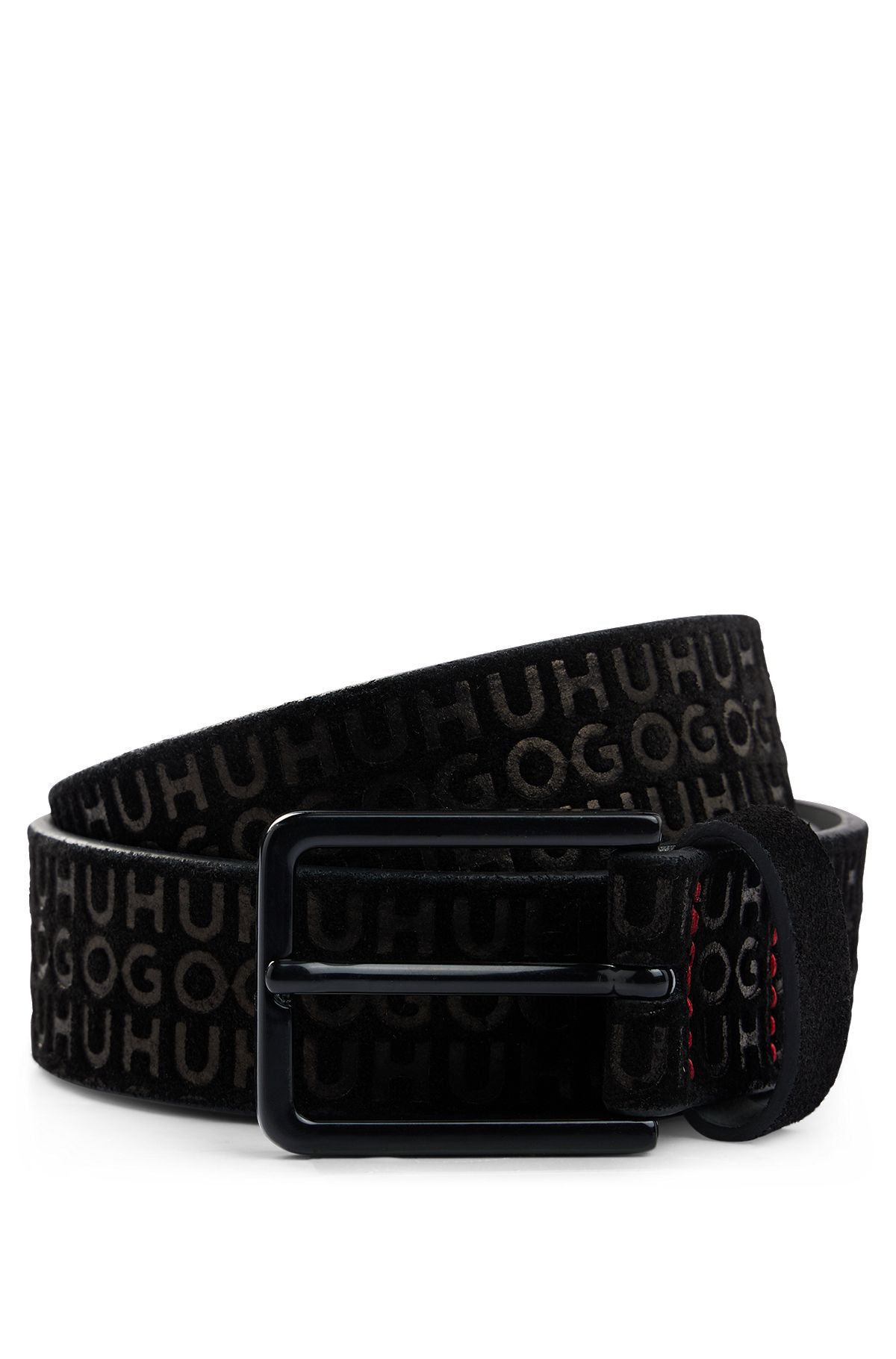 Suede belt with repeat logos, Black