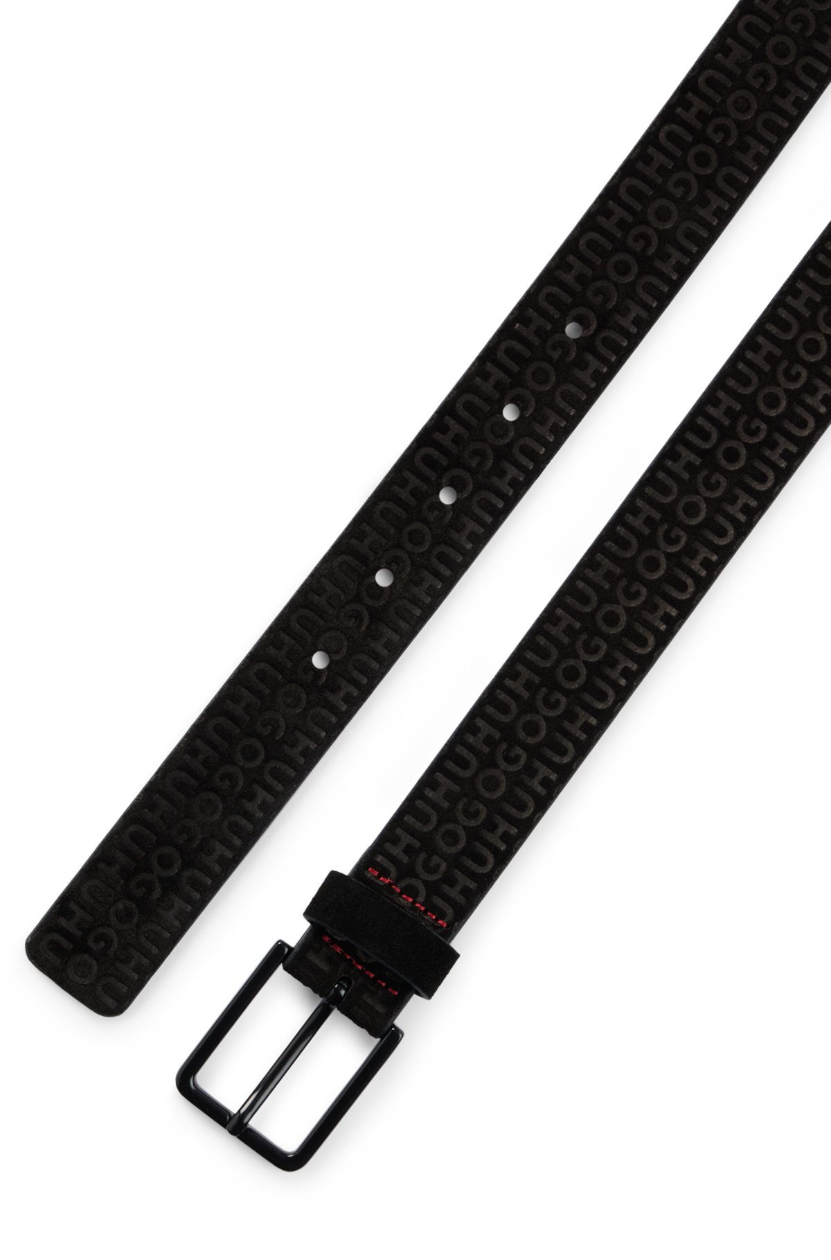 Suede belt with repeat logos, Black