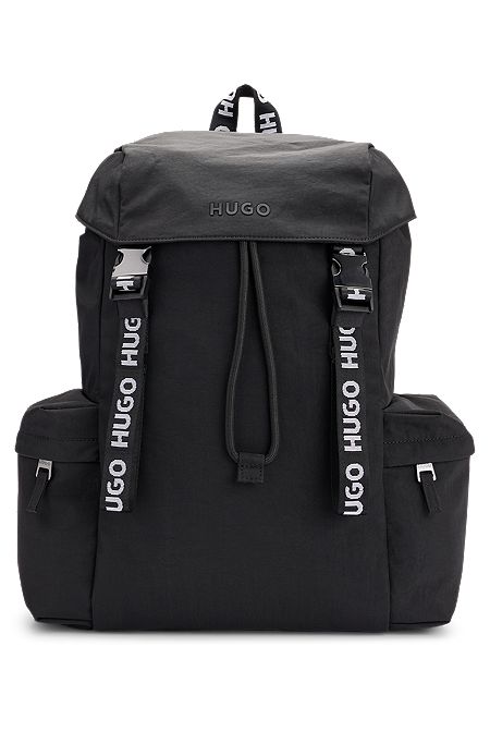 Flap-closure backpack with branded webbing, Black
