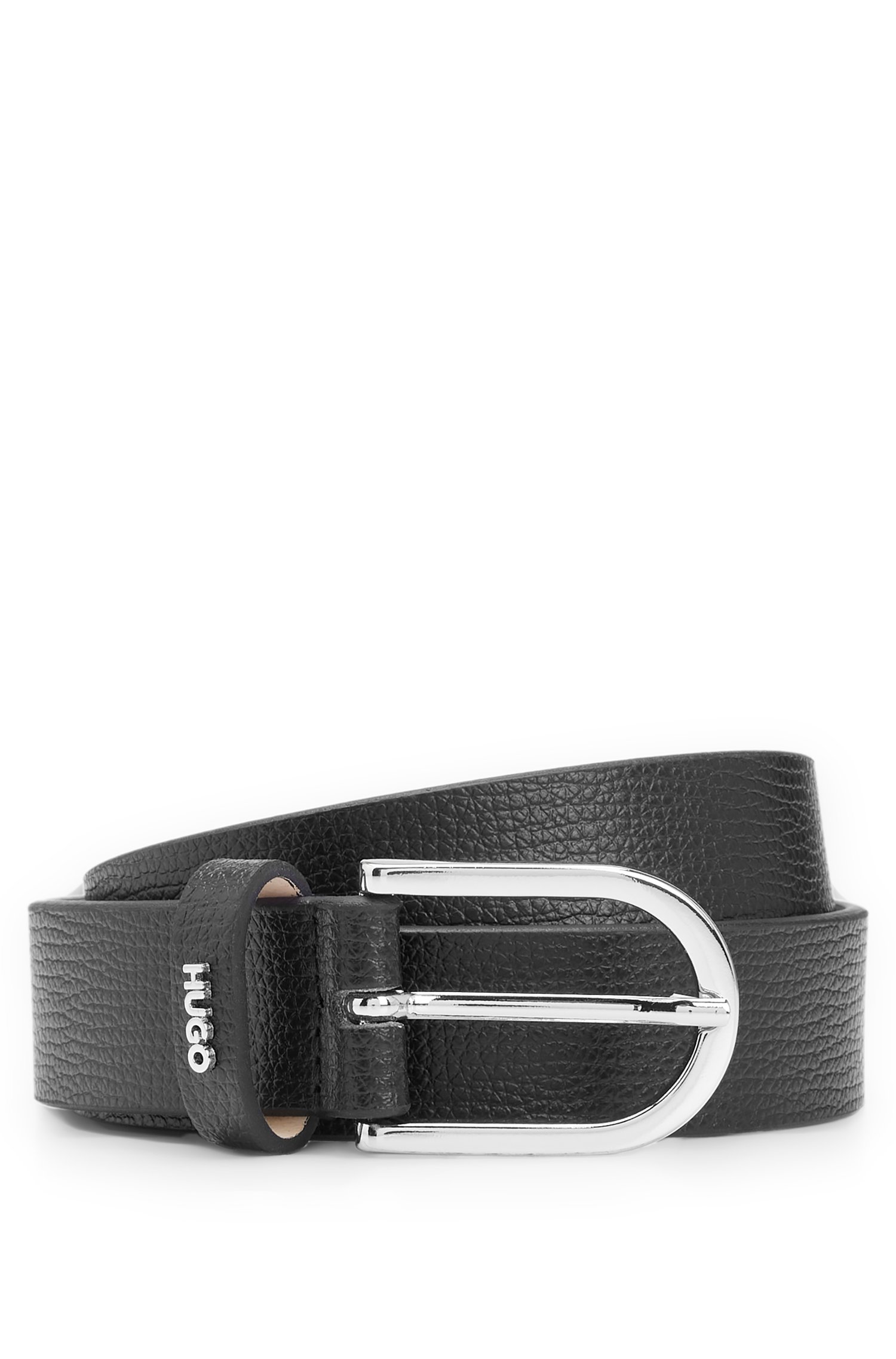 Ceinture en cuir grainé italien avec passant logoté
