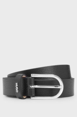 Grained Italian-leather belt with logo keeper, Black