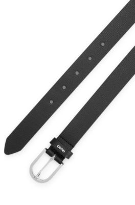 Ceinture en cuir grain&eacute; italien avec passant logot&eacute;, Noir