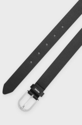 Grained Italian-leather belt with logo trim, Black