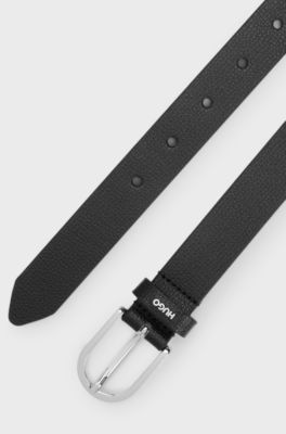 Grained Italian-leather belt with logo trim, Black