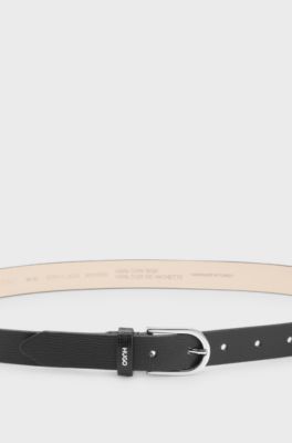 Grained Italian-leather belt with logo trim, Black