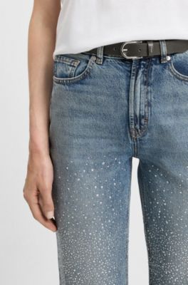 Ceinture en cuir grain&eacute; italien avec passant logot&eacute;, Noir