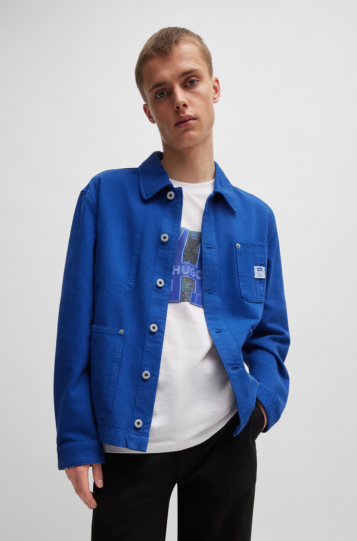 Cotton-denim jacket with patch pockets, Blue