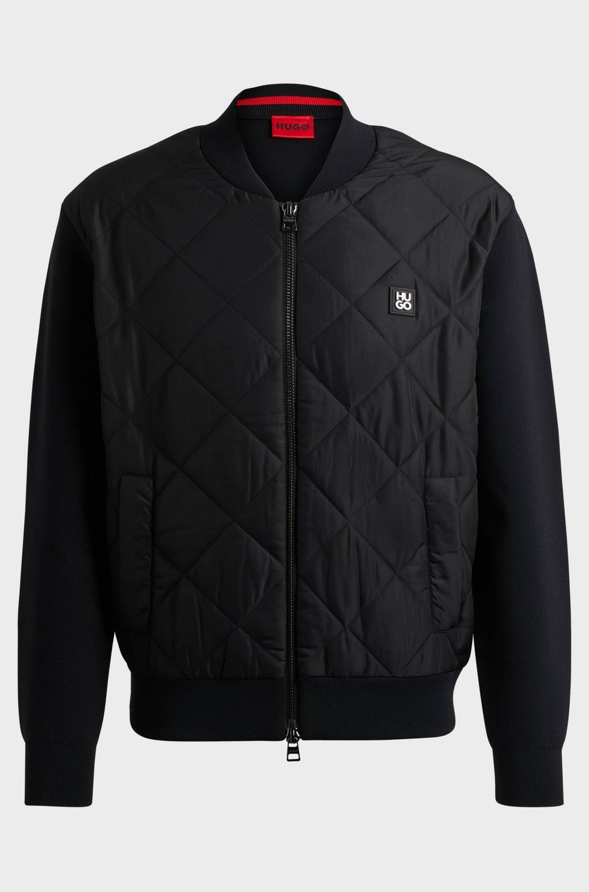 HUGO - Mixed-material jacket with stacked-logo trim - Black HUGO - Mixed-material jacket with stacked-logo trim - Black