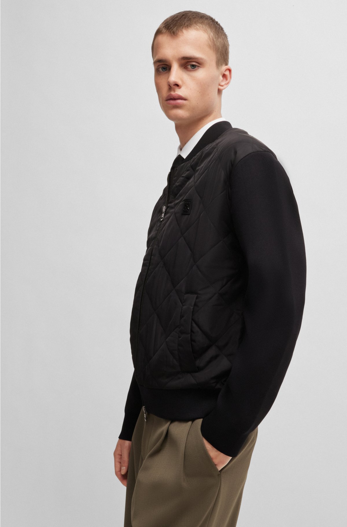 Mixed-material jacket with stacked-logo trim, Black