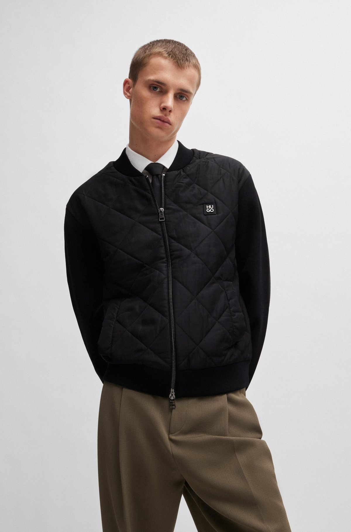 HUGO - Mixed-material jacket with stacked-logo trim - Black HUGO - Mixed-material jacket with stacked-logo trim - Black
