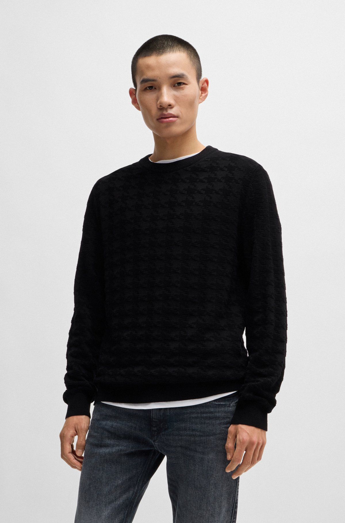 HUGO - Houndstooth check sweater in cotton - Black HUGO - Houndstooth check sweater in cotton - Black