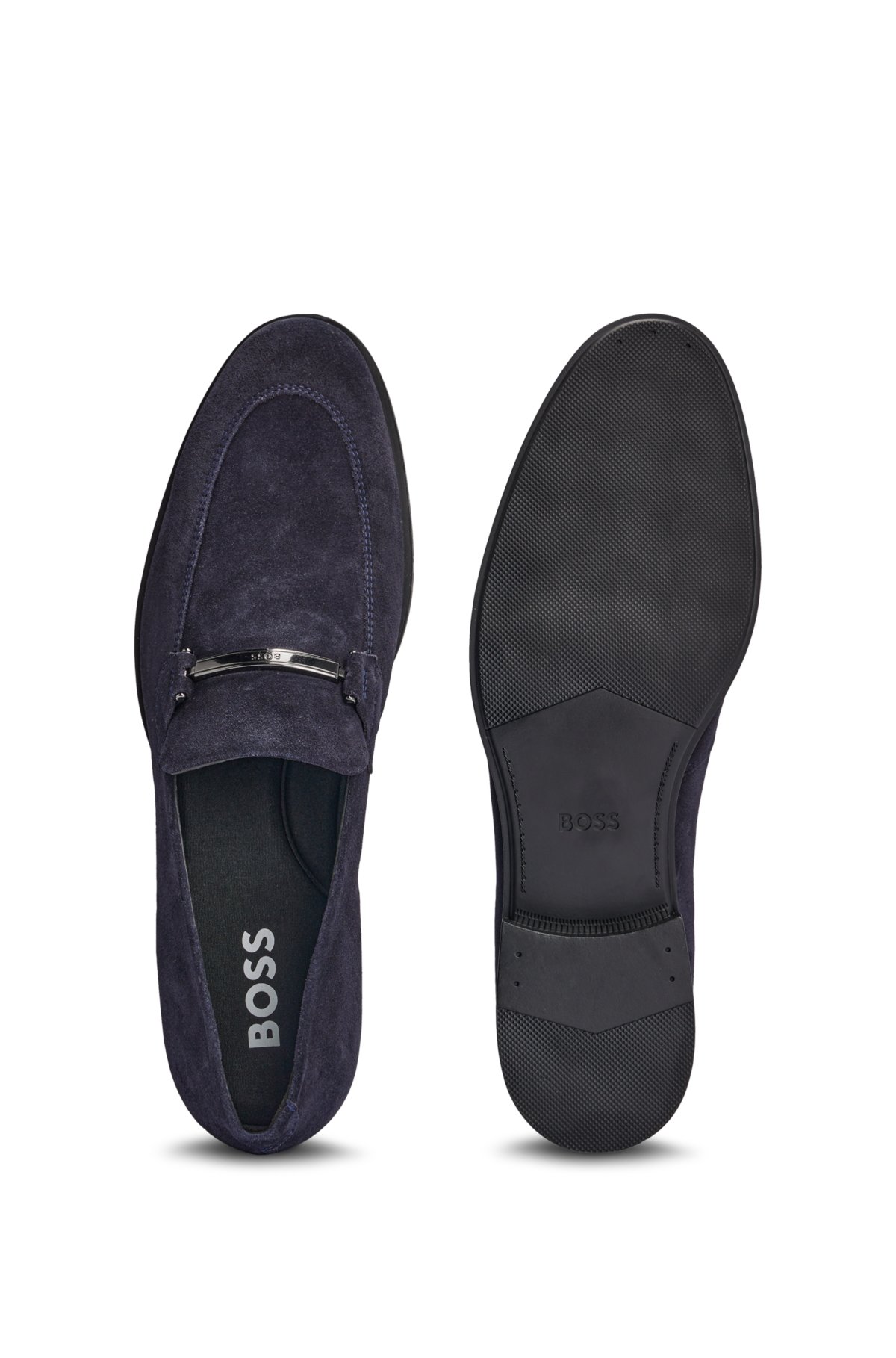 Suede loafers with branded hardware trim, Dark Blue
