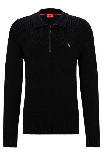 Zip-neck polo sweater with stacked logo, Black