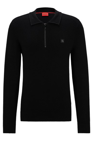Zip-neck polo sweater with stacked logo, Black