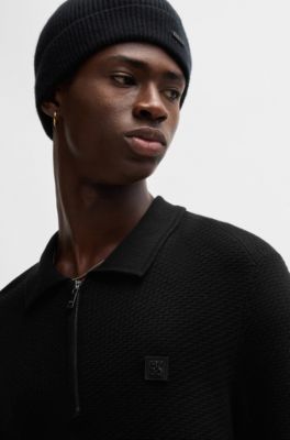 HUGO - Zip-neck knit polo with stacked logo